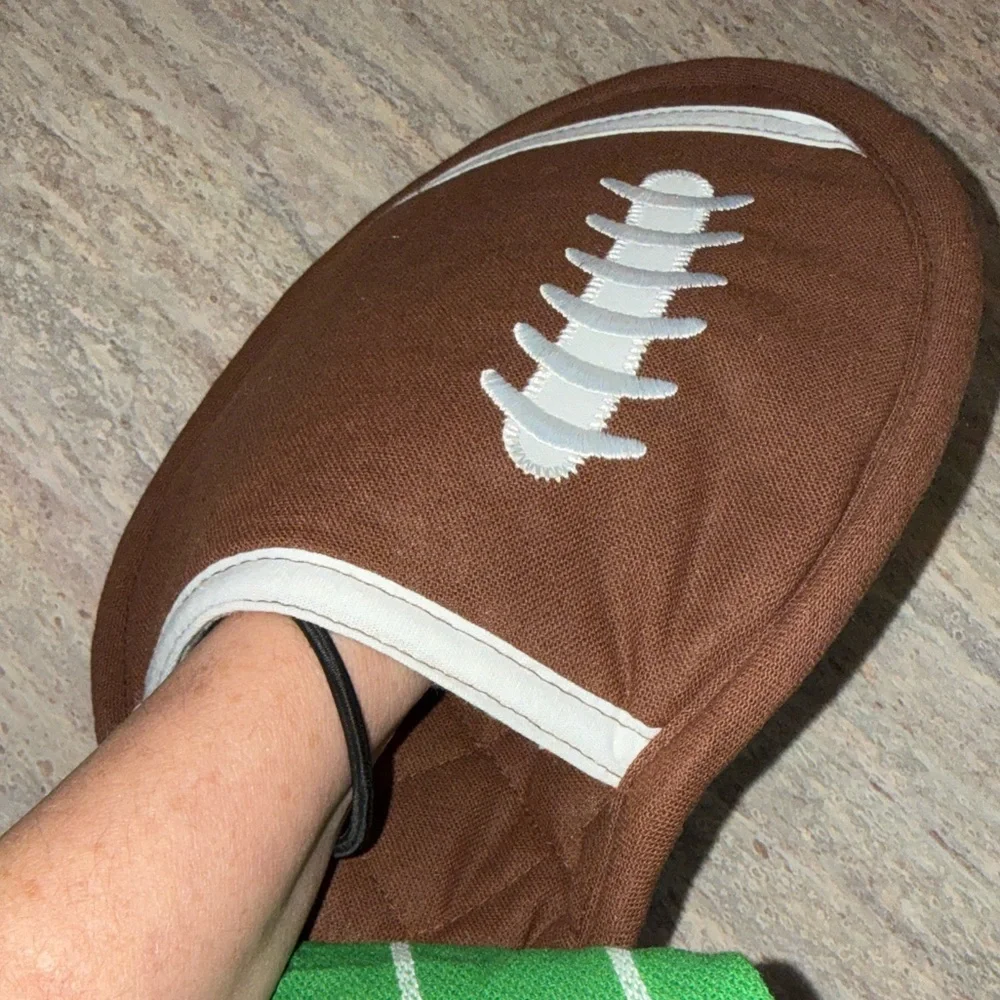 Football Pot Holder and Green Striped Towel Set
